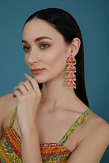 Matte Gold Finish Silk Thread Multi-Colored Embroidered Triangle Layered Dangler Earrings