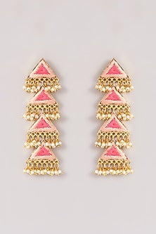 Matte Gold Finish Silk Thread Multi-Colored Embroidered Triangle Layered Dangler Earrings