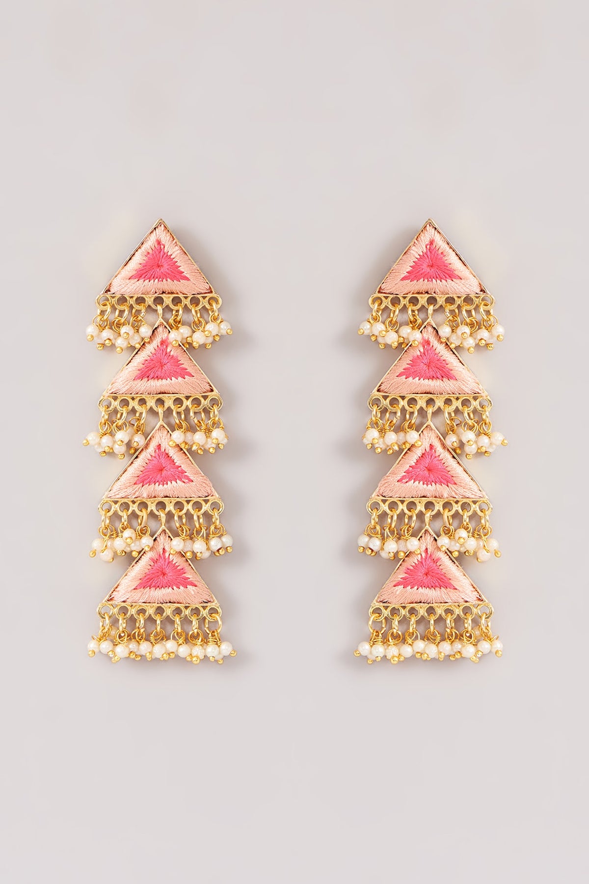 Matte Gold Finish Silk Thread Multi-Colored Embroidered Triangle Layered Dangler Earrings