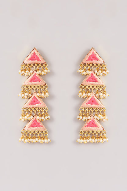 Matte Gold Finish Silk Thread Multi-Colored Embroidered Triangle Layered Dangler Earrings