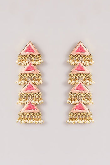 Matte Gold Finish Silk Thread Multi-Colored Embroidered Triangle Layered Dangler Earrings