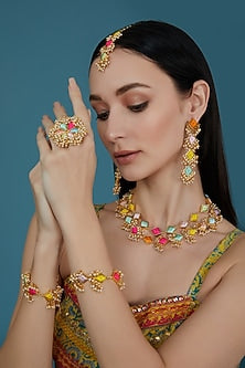 Matte Gold Finish Pastel Silk Thread Embroidered Layered Necklace Set