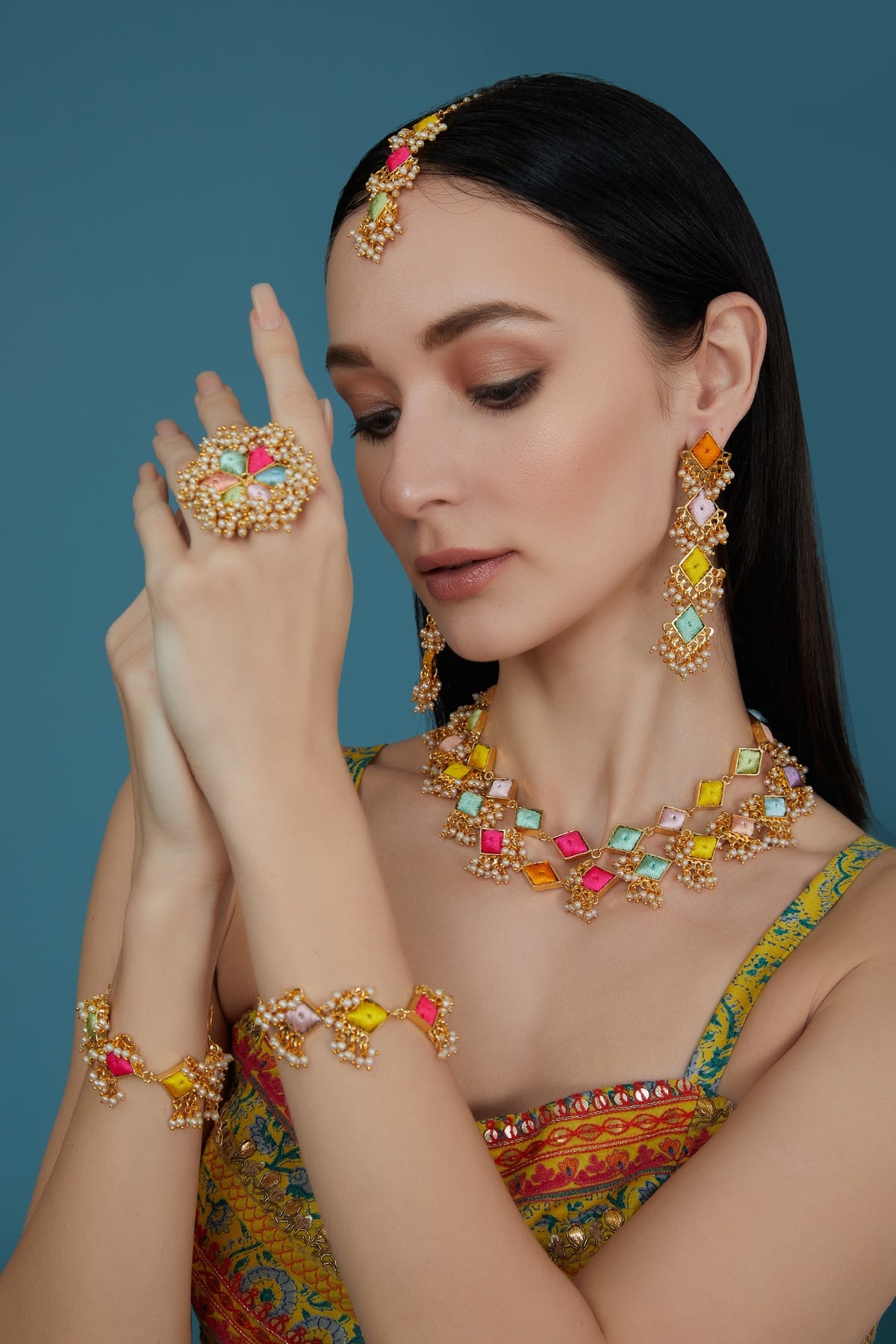 Matte Gold Finish Pastel Silk Thread Embroidered Layered Necklace Set