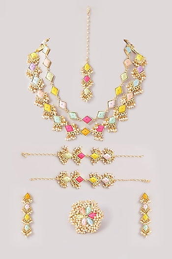 Matte Gold Finish Pastel Silk Thread Embroidered Layered Necklace Set