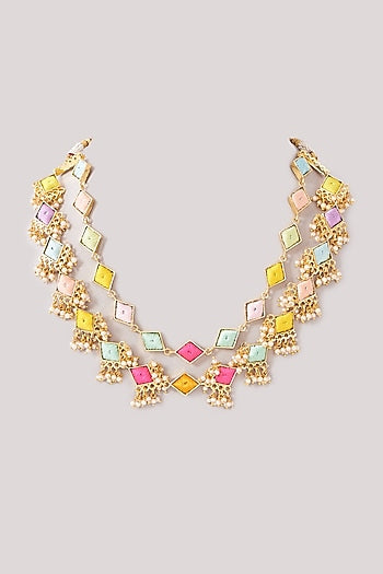Matte Gold Finish Pastel Silk Thread Embroidered Layered Necklace Set