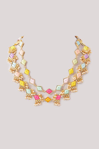 Matte Gold Finish Pastel Silk Thread Embroidered Layered Necklace Set