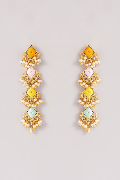 Matte Gold Finish Pastel Silk Thread Embroidered Layered Necklace Set