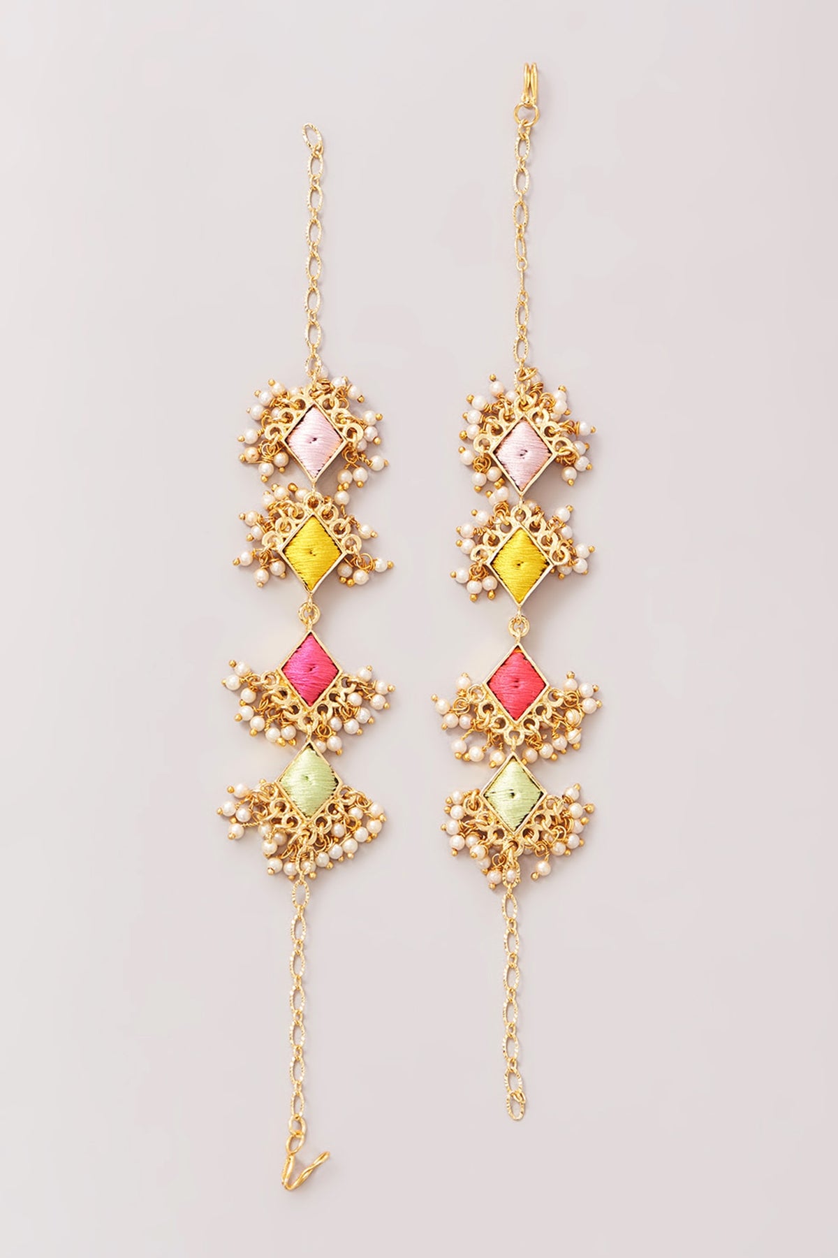Matte Gold Finish Pastel Silk Thread Embroidered Layered Necklace Set