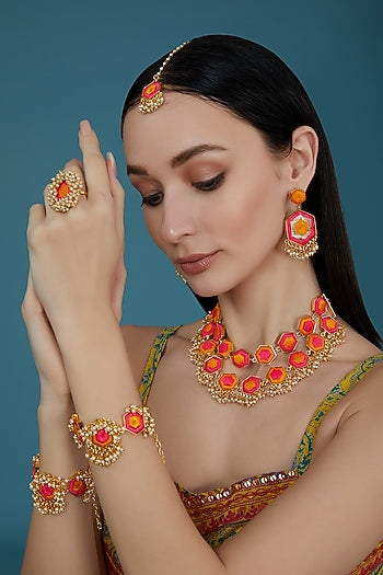 Matte Gold Finish Pink & Yellow Silk Thread Embroidered Layered Necklace Set