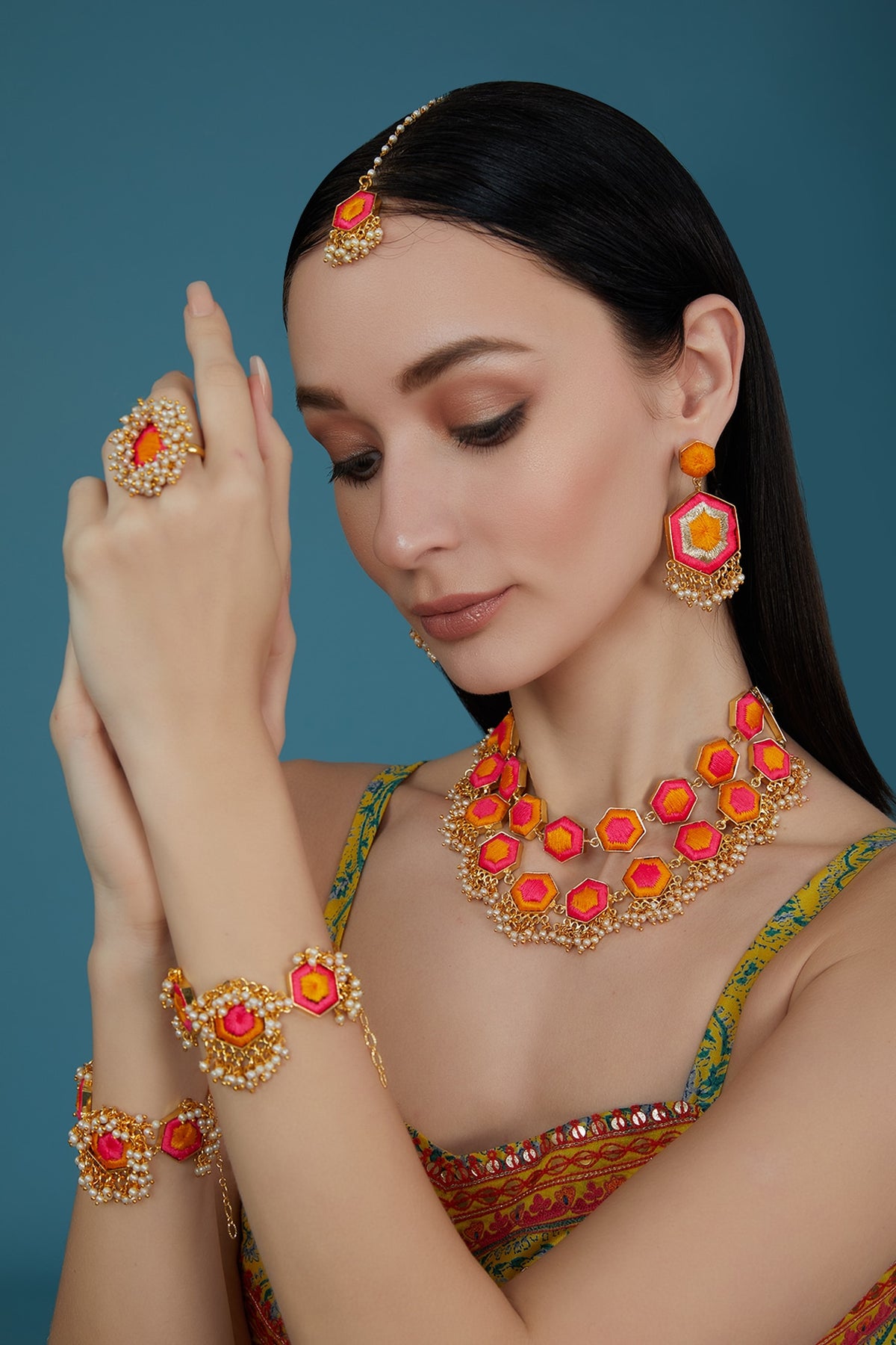 Matte Gold Finish Pink & Yellow Silk Thread Embroidered Layered Necklace Set