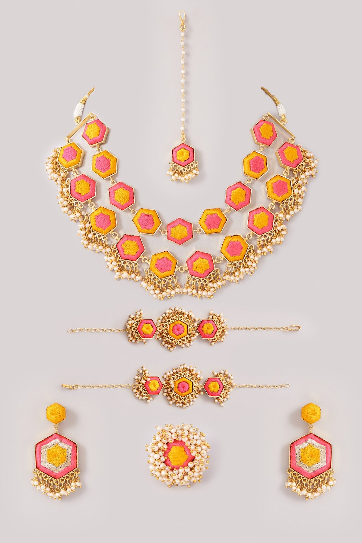Matte Gold Finish Pink & Yellow Silk Thread Embroidered Layered Necklace Set