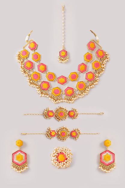 Matte Gold Finish Pink & Yellow Silk Thread Embroidered Layered Necklace Set