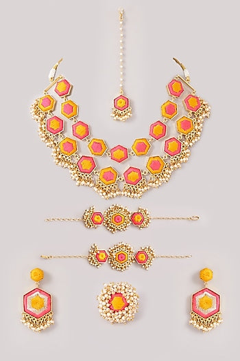 Matte Gold Finish Pink & Yellow Silk Thread Embroidered Layered Necklace Set