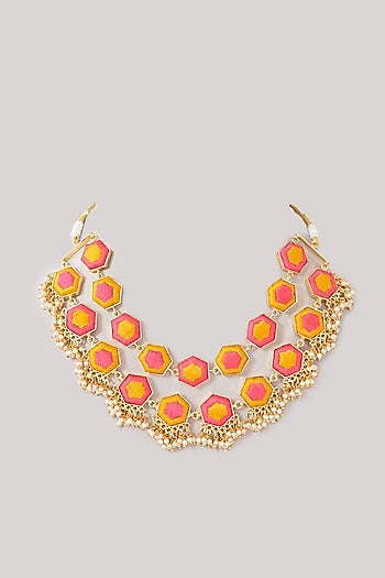 Matte Gold Finish Pink & Yellow Silk Thread Embroidered Layered Necklace Set