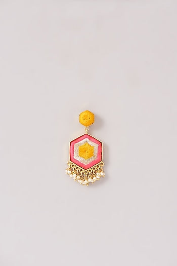 Matte Gold Finish Pink & Yellow Silk Thread Embroidered Layered Necklace Set