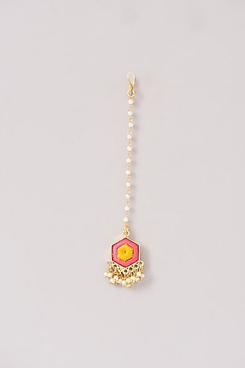 Matte Gold Finish Pink & Yellow Silk Thread Embroidered Layered Necklace Set