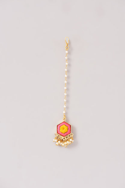 Matte Gold Finish Pink & Yellow Silk Thread Embroidered Layered Necklace Set