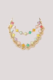 Matte Gold Finish Pastel Silk Thread Embroidered Layered Necklace Set