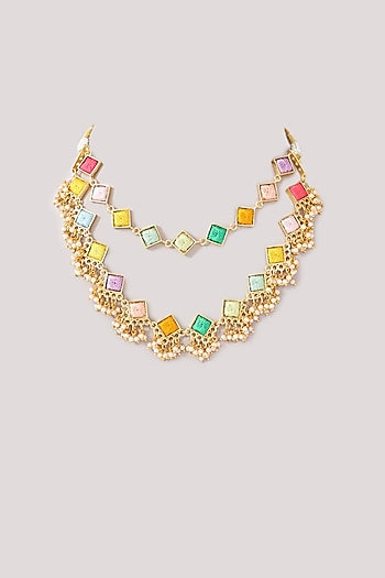 Matte Gold Finish Pastel Silk Thread Embroidered Layered Necklace Set