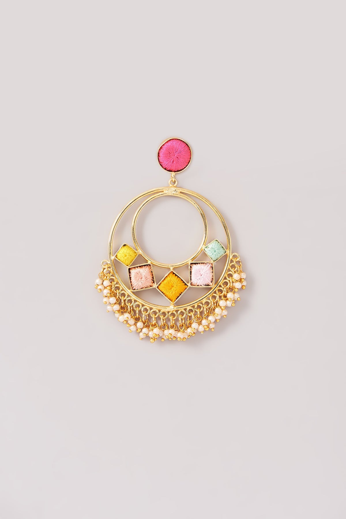 Matte Gold Finish Pastel Silk Thread Embroidered Layered Necklace Set