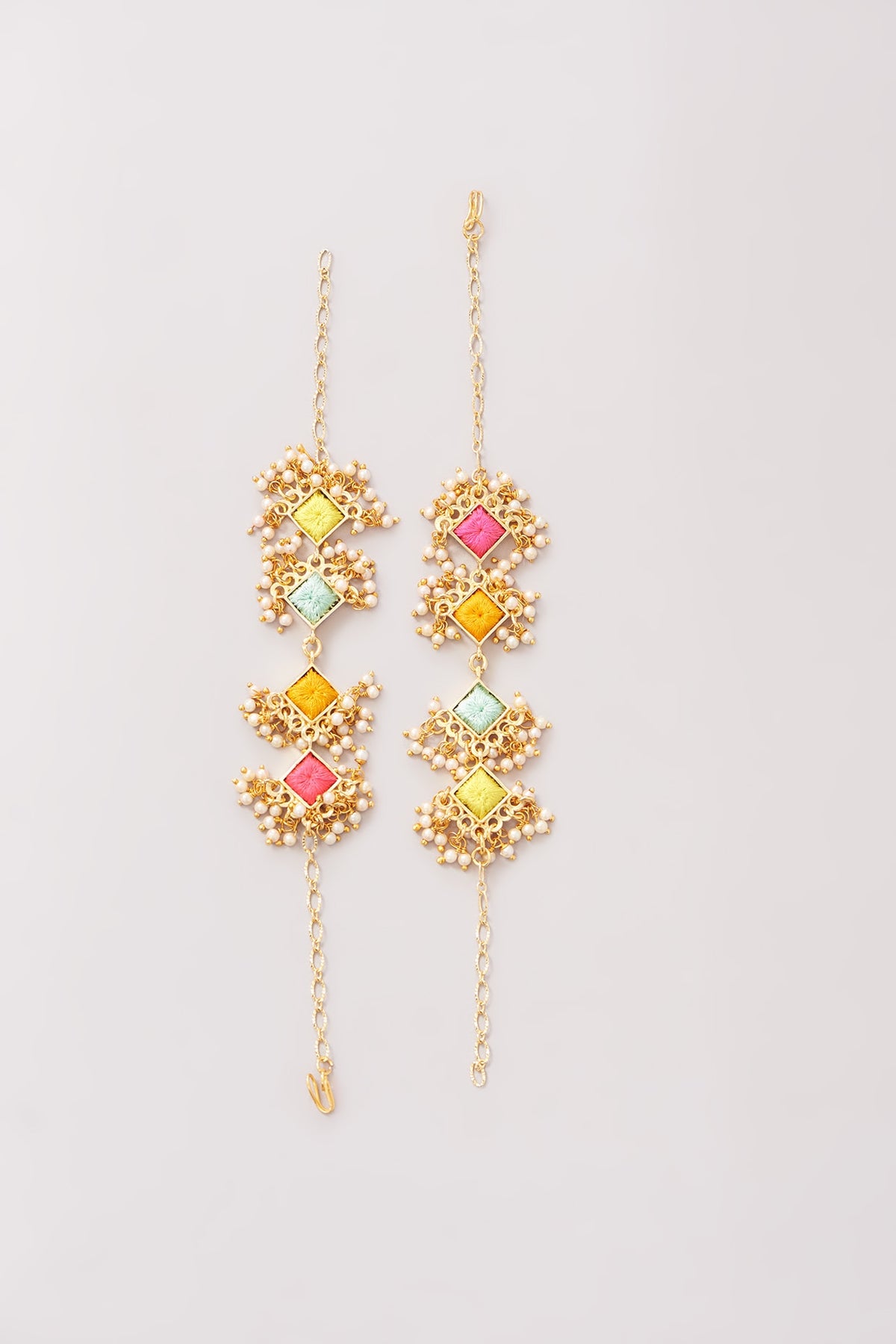 Matte Gold Finish Pastel Silk Thread Embroidered Layered Necklace Set