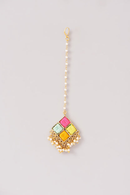 Matte Gold Finish Pastel Silk Thread Embroidered Layered Necklace Set