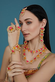 Matte Gold Finish Pink & Yellow Silk Thread Embroidered Layered Necklace Set