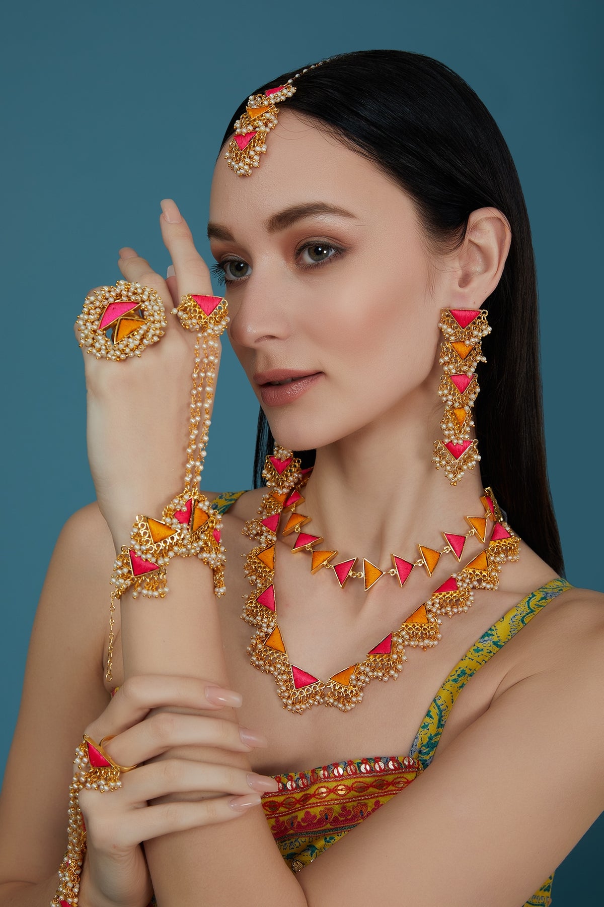 Matte Gold Finish Pink & Yellow Silk Thread Embroidered Layered Necklace Set