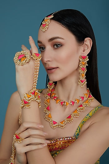 Matte Gold Finish Pink & Yellow Silk Thread Embroidered Layered Necklace Set
