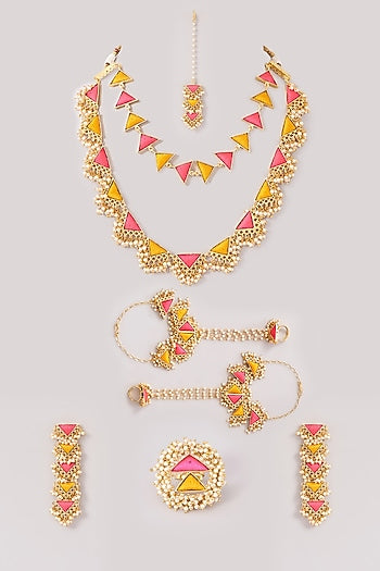 Matte Gold Finish Pink & Yellow Silk Thread Embroidered Layered Necklace Set
