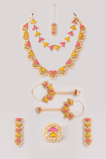 Matte Gold Finish Pink & Yellow Silk Thread Embroidered Layered Necklace Set