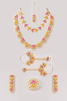 Matte Gold Finish Pink & Yellow Silk Thread Embroidered Layered Necklace Set
