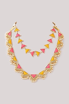 Matte Gold Finish Pink & Yellow Silk Thread Embroidered Layered Necklace Set