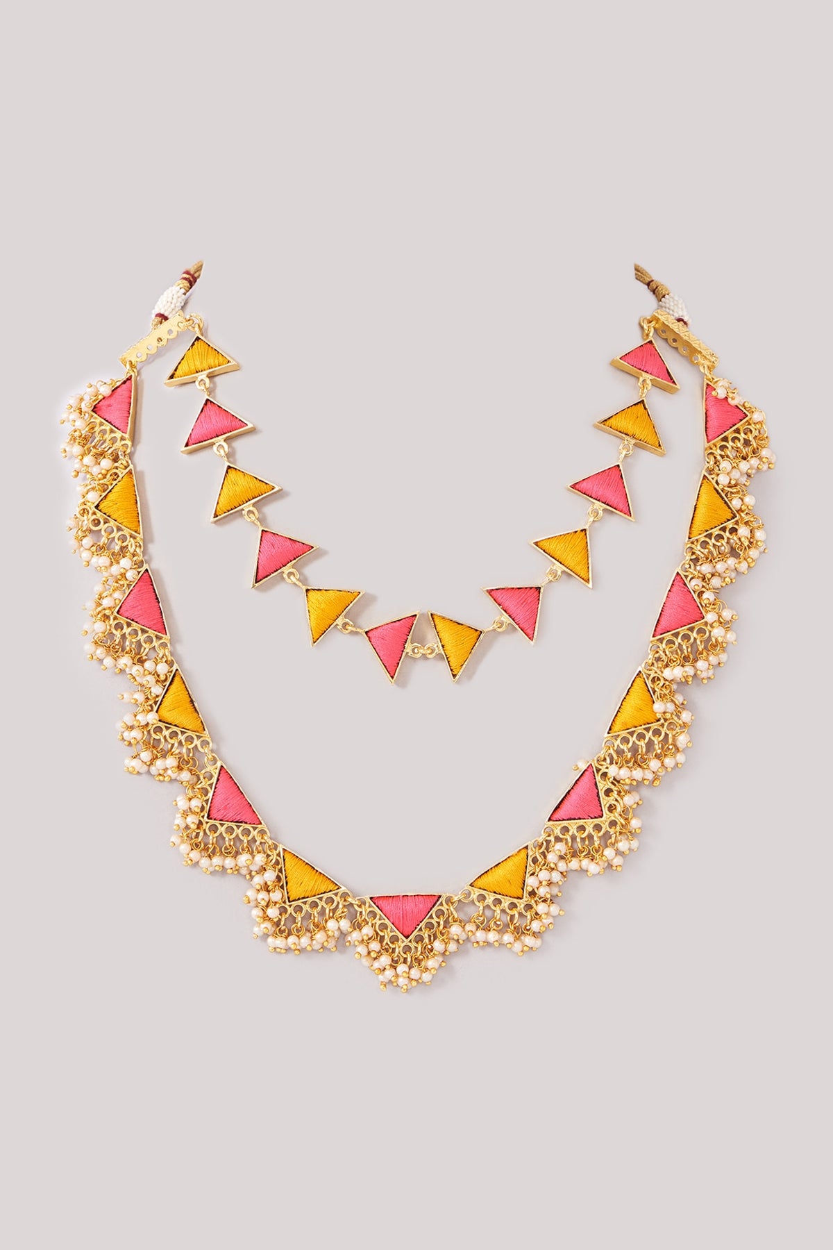 Matte Gold Finish Pink & Yellow Silk Thread Embroidered Layered Necklace Set