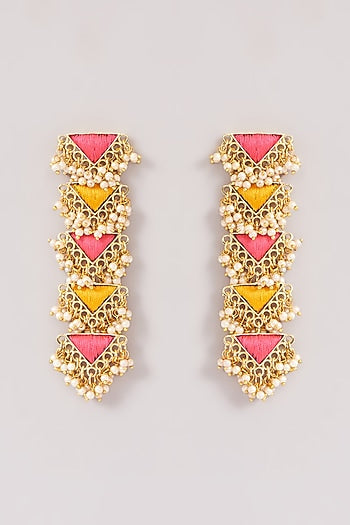 Matte Gold Finish Pink & Yellow Silk Thread Embroidered Layered Necklace Set