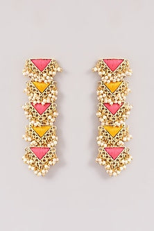 Matte Gold Finish Pink & Yellow Silk Thread Embroidered Layered Necklace Set