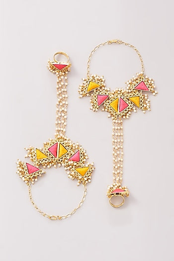 Matte Gold Finish Pink & Yellow Silk Thread Embroidered Layered Necklace Set