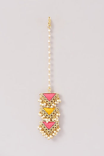 Matte Gold Finish Pink & Yellow Silk Thread Embroidered Layered Necklace Set