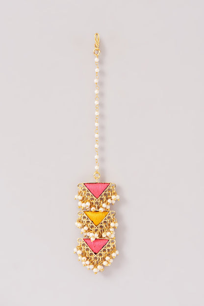 Matte Gold Finish Pink & Yellow Silk Thread Embroidered Layered Necklace Set