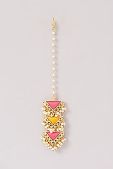 Matte Gold Finish Pink & Yellow Silk Thread Embroidered Layered Necklace Set
