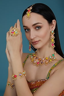 Matte Gold Finish Pastel Silk Thread Embroidered Layered Necklace Set