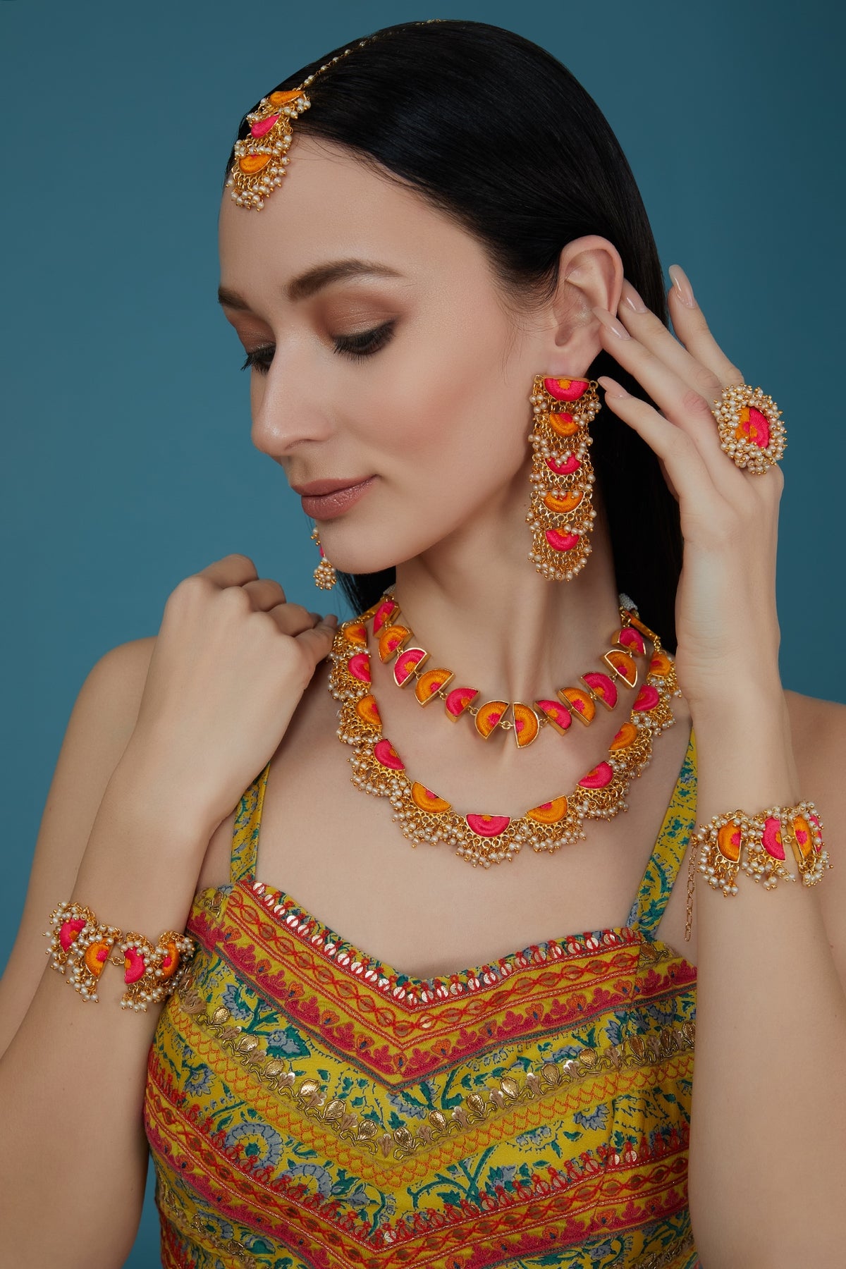 Matte Gold Finish Pink & Yellow Silk Thread Embroidered Layered Necklace Set