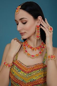 Matte Gold Finish Pink & Yellow Silk Thread Embroidered Layered Necklace Set