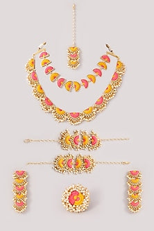 Matte Gold Finish Pink & Yellow Silk Thread Embroidered Layered Necklace Set