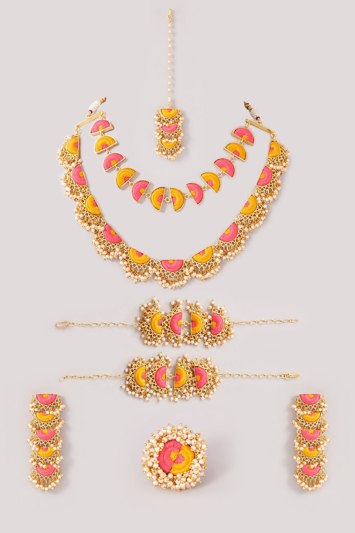 Matte Gold Finish Pink & Yellow Silk Thread Embroidered Layered Necklace Set