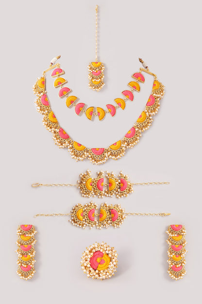 Matte Gold Finish Pink & Yellow Silk Thread Embroidered Layered Necklace Set