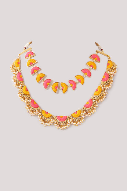 Matte Gold Finish Pink & Yellow Silk Thread Embroidered Layered Necklace Set