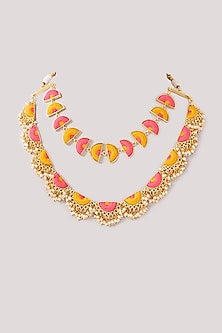 Matte Gold Finish Pink & Yellow Silk Thread Embroidered Layered Necklace Set