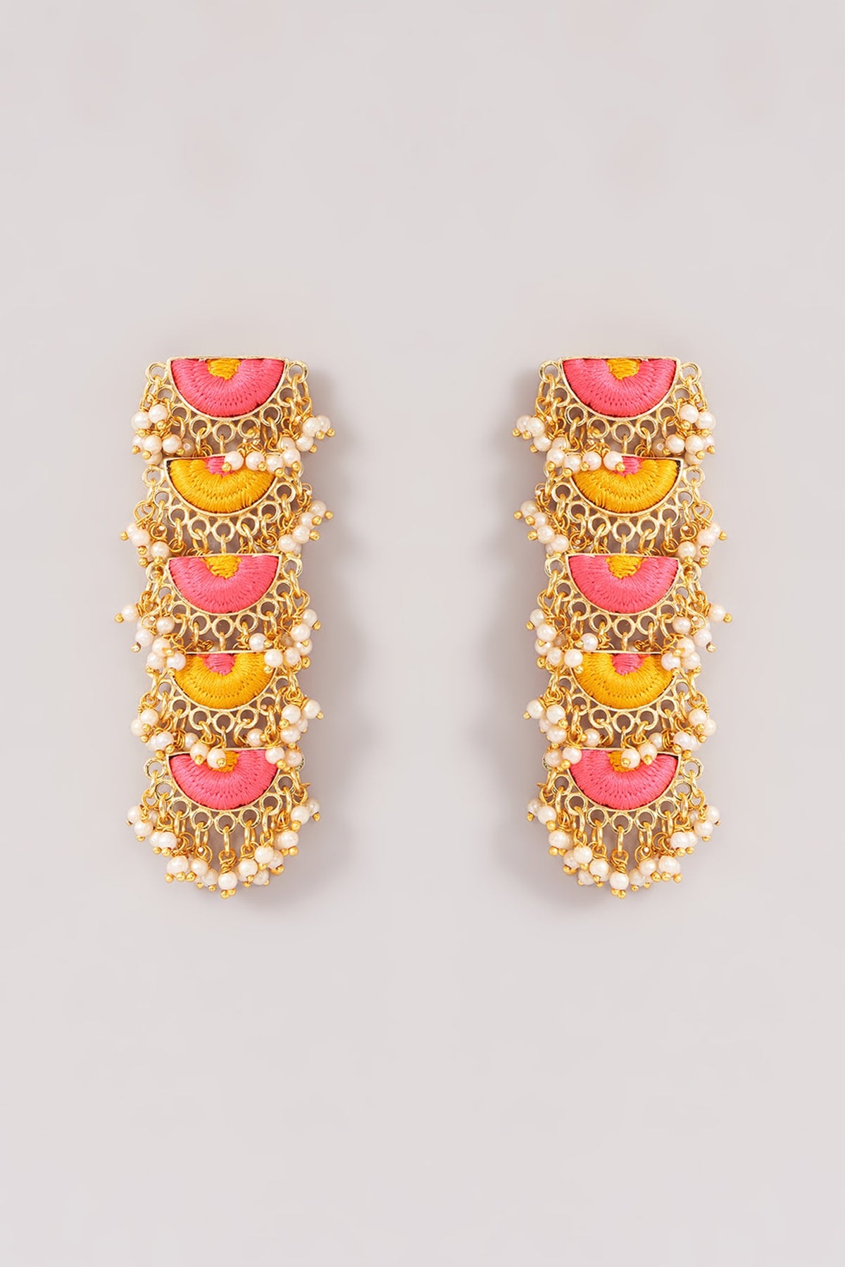 Matte Gold Finish Pink & Yellow Silk Thread Embroidered Layered Necklace Set