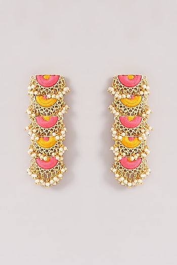 Matte Gold Finish Pink & Yellow Silk Thread Embroidered Layered Necklace Set
